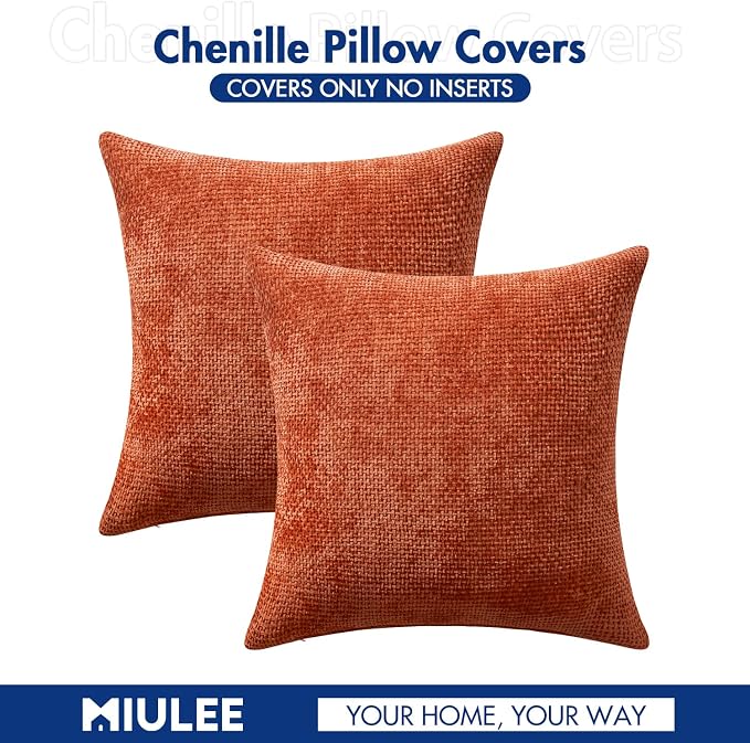 MIULEE Pack of 2 Fall Burnt Orange Decorative Pillow Covers 20x12 Inch Soft Chenille Couch Throw Pillows Farmhouse Cushion Covers for Home Decor Sofa Bedroom Living Room