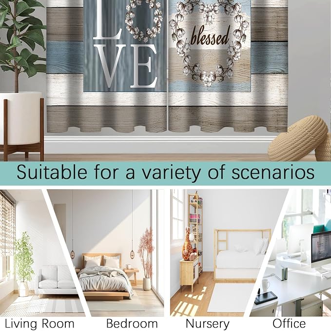 Rustic Floral Flower Sweet Love Home Blackout Curtains, Farmhouse Country Vintage Wood Plank Door Grommet Window Drapes for Living Room Bedroom Decor 2 Panels 52"x96" Inch