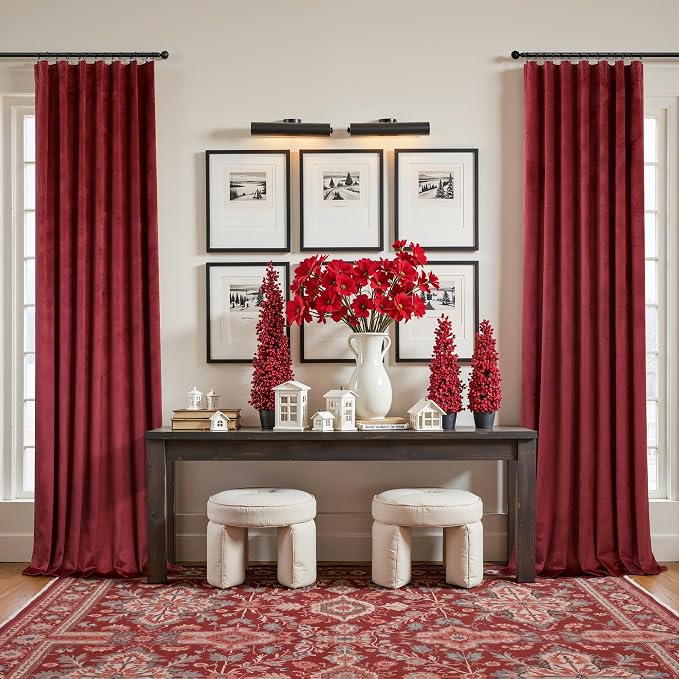 Burgundy Red Velvet Curtains 108 Inches Extra Long 2 Panels Set Back Tab Rod Pocket Soft Privacy Elegant Party Wall Backdrop Drape for Living Room Darkening Kids Bedroom Large Window Mid Century Decor