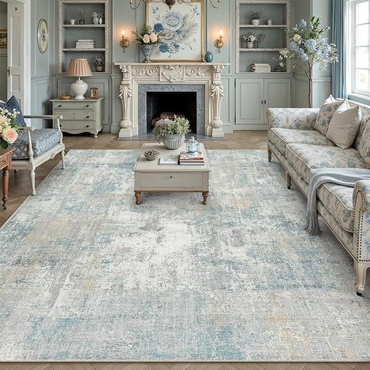 10x12 Washable Area Rug Blue Cream Abstract Non Slip Soft Low Pile Rug for Living Room Bedroom Dining Room Office Neutral Modern Indoor Large Throw Carpet for Home Decor