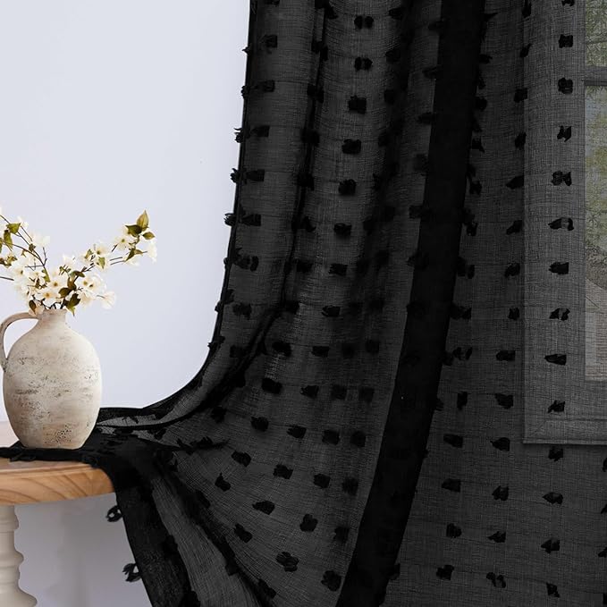 108 Inches Long Black Sheer Curtain Panels for Living Room Decor Back Tab Rod Pocket Luxury Elegant Pom Pom Tufted Floral Textured Boho Semi Sheer Curtains for Patio Hallway High Ceiling to Floor 9ft