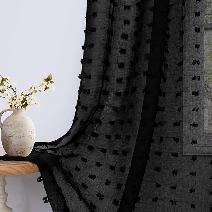 Black Sheer Curtains 84 Inches Long for Bedroom Living Dining Room Back Tab Pom Pom Semi Voile Curtains for Home Office Decor Modern Chic Fashion Elegant Window Treatment Panels W52 x L84 Set of 2