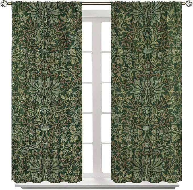 Bohemia Art Blackout Window Curtains, William Morris Original Design Green Garden Vintage Curtains, for Living Room Bedroom 36(W)*63(L) 2 Panels