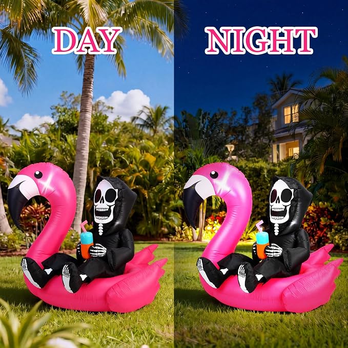 Jenaai 4 ft Summer Halloween Inflatable Decorations Blow up Yard Death Decors with LED Lights Death Figure Flamingo for Holiday Summer Halloween Party