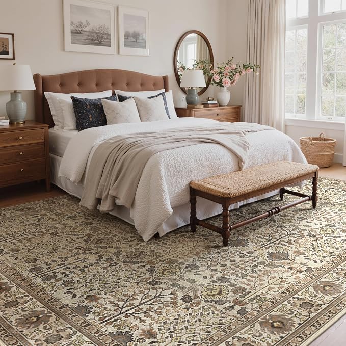 Bavni Washable Rugs 10x14 Machine Washable Rug Lightweight Low Pile, Vintage Floral Rug Non-Shedding Distressed Throw Carpet for Living Room Bedroom Office, Dark Dark Espresso