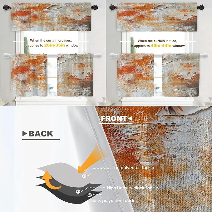 Shrahala Brushstrokes of Paint Blackout Curtain Tiers, Orange Grey Canvas Texture Kitchen Valance Light Blocking Tier Drapes with Rod Pocket, 2 Pack 26 X 24 in