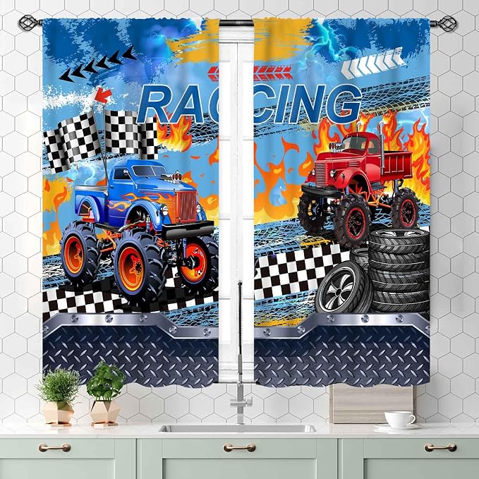 Truck Curtains for Boys Room, Cool Banner Burning Flame Car Cartoon Monster Racing Theme Window Drapery Treatments for Boys Kids Bedroom Living Room Playroom Nursery 2 Panels, 55x39 Inch