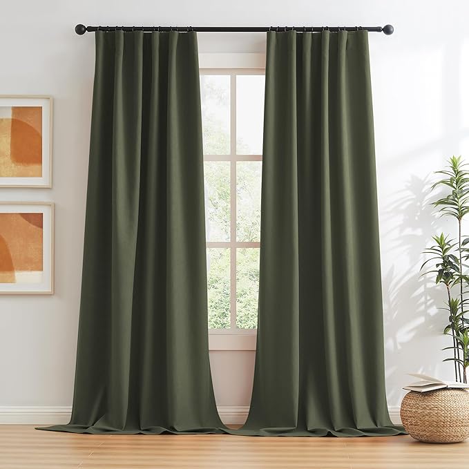KEQIAOSUOCAI Dark Olive Green Blackout Curtains 102 Inches Long 2 Panels Set- Faux Linen Textured Black Out Thermal Insulated Noise Reduction Winodw Draper for Bedroom and Living Room 50x102-in