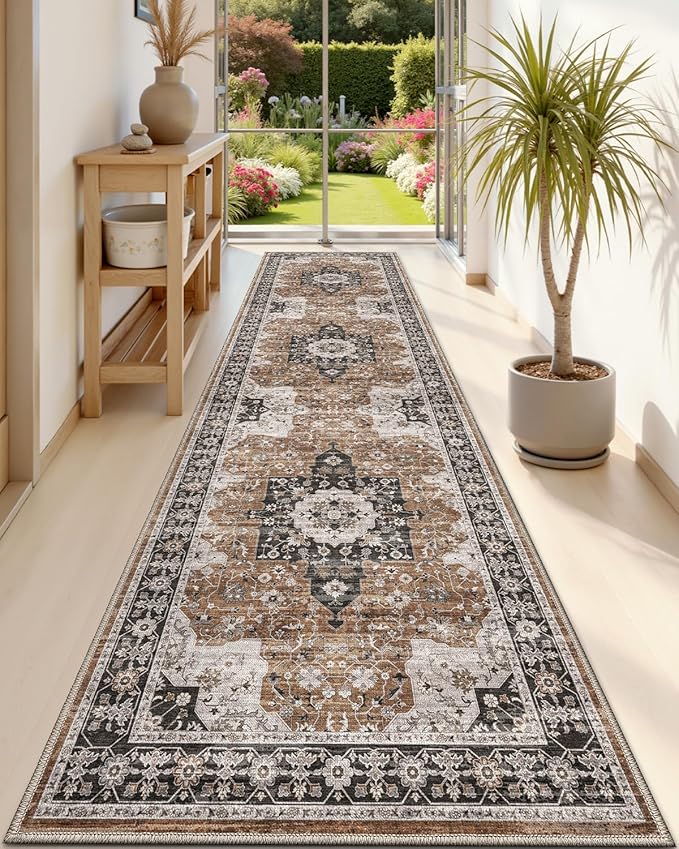 DEXI Hallway Washable Runner Rug 3x8, Vintage Farmhouse Thin Kitchen Runner with Non Slip Backing, Soft Entryway Floor Rug, Stain Resistant Distressed Carpet for Bedroom Living Room, Brown