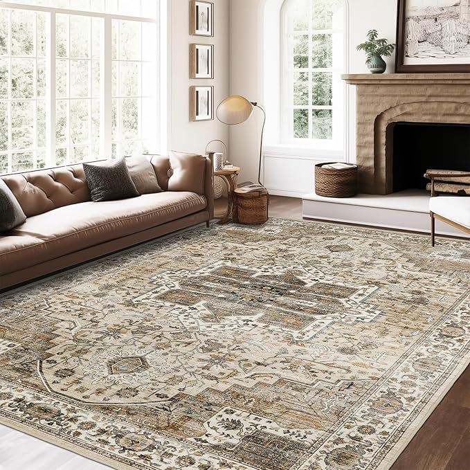 Roxstand 6x9 Washable Area Rug, Vintage Non Slip Rug, Beige/Brown | Large Area Rug, Non-slip Backing,Floral Vintage, Low Pile, For Living Room, Bedroom, Dining Room, Office
