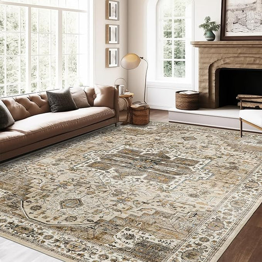 Roxstand 6x9 Washable Area Rug, Vintage Non Slip Rug, Beige/Brown | Large Area Rug, Non-slip Backing,Floral Vintage, Low Pile, For Living Room, Bedroom, Dining Room, Office