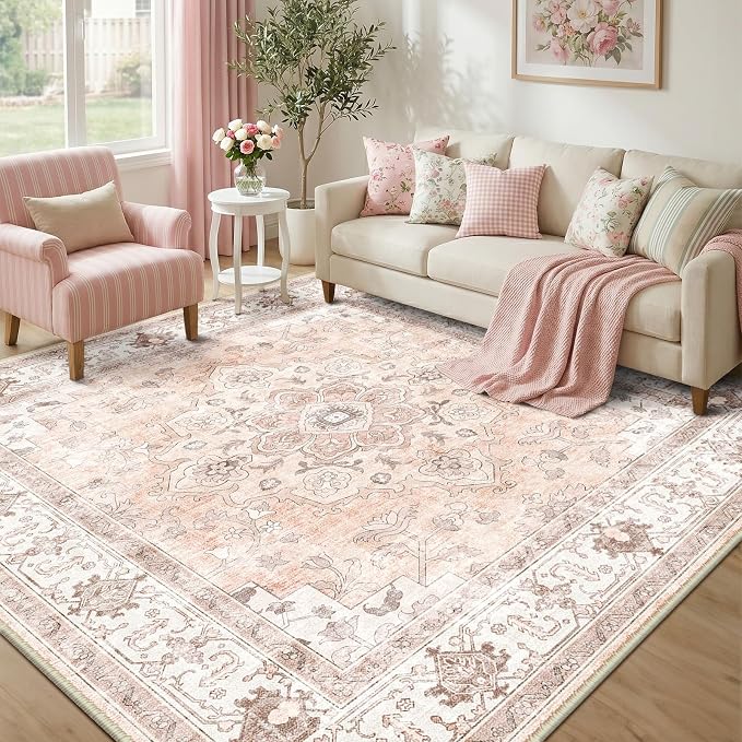 CAPALOCA Machine Washable Rugs Nursery Rug Sq8ft Cute Girl Non Slip Low Pile Water Repellent Soft Print Pattern for Bedroom Indoor Decor Kids Playroom Pink