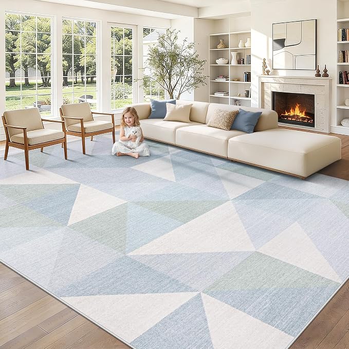 Washable Rug 9x12 Area Rugs: Modern Geometric Area Rug for Living Room Non-Slip Neutral Soft Carpet Low Pile Stain Resistant Indoor Rugs for Bedroom Nursery Dining Room Office (Light Blue, 9'X12')