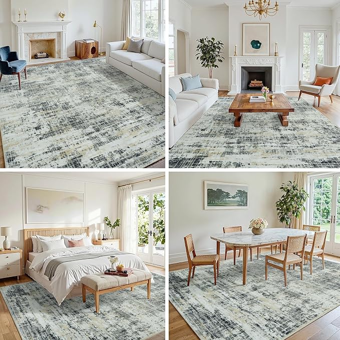 6x9 Area Rugs for Living Room Washable Rug: Anti-Skid Abstract Modern Living Room Rug Soft Thin Carpets Indoor Floor Non-Shedding Carpet for Bedroom Dining Farmhouse Nursery Black Gray Gold