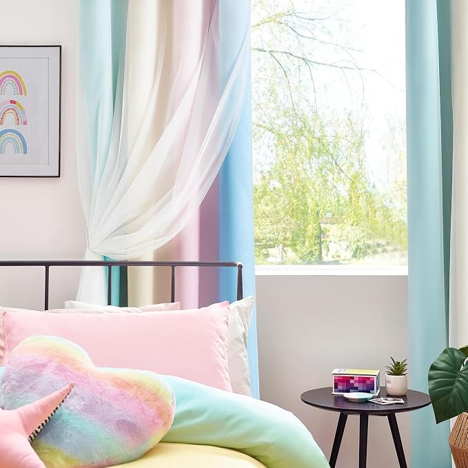 Rainbow Ombre 100% Blackout Curtains 72 Inches Long 2 Panels for Kids Bedroom Living Room Double Layer Sheer Overlay Mix & Match Grommet Thermal Insulated Soundproof Drapes with Tiebacks