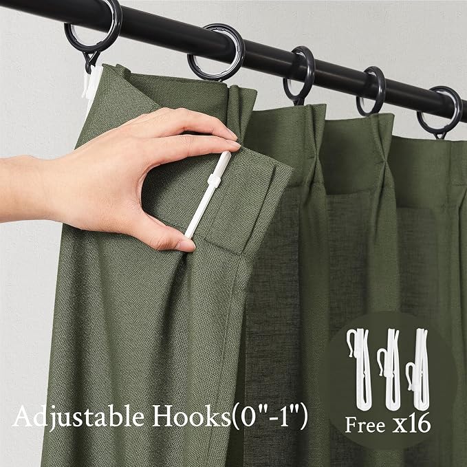 Topfinel 96 Inches Long Pinch Pleated Semi Sheer Curtains,Olive Green Linen Blended Light Filtering Window Curtains 96 Length for Living Room Bedroom Pinch Pleat Drapes with Hooks 2 Panels 72" Wx96 L