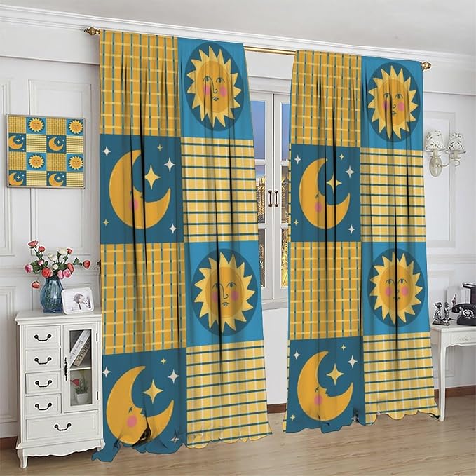 Retro Bohemian Plaid Blackout Curtains, Boho Sun Moon Stars Art Rustic Farmhouse Window Drapes, for Living Room Bedroom 72" W X 63" L