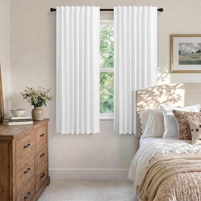 Black Out Curtains 63 Inch Long Small White Blackout Energy Saving Dining Room Darkening Curtain for Nursery Office Shabby Chic Faux Linen Kids Bedroom Curtains 63 Inch Length 2 Panels Back Tab Pocket