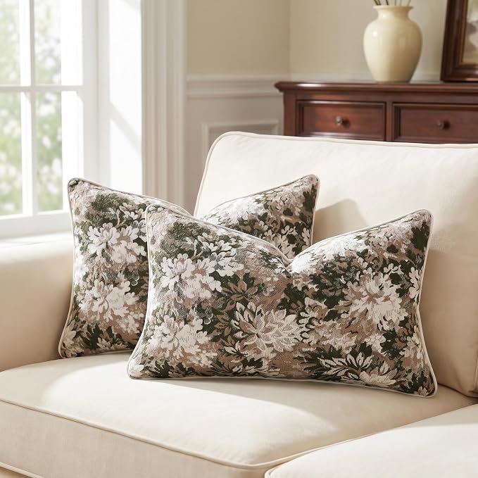 Vintage Floral Throw Pillow Covers 12x20 Inches Set of 2 Lumbar Boho Farmhouse Pillow Cases Premium Chenille Textured Decorative Cushion Covers for Couch Retro Garden Farmhouse Style Green