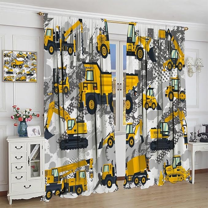 Kids Cartoon Car Curtain Yellow Vehicle Graffiti Excavator for Boys Kids, Window Treatments Curtains Bedroom Cafe Dining Room Living Room Kitchen Office Drapes, 63x72 in