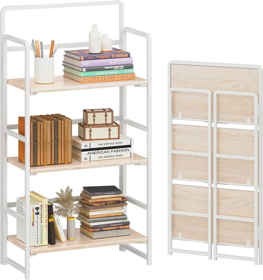 4NM No Assembly Foldable Bookshelf, 3-Shelf Collapsible Bookcase Storage for Small Spaces, 42.1" H, Natural White