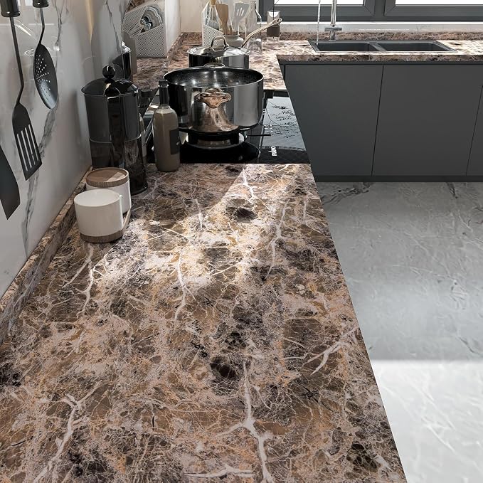 BAYYA Extra Wide Marble Granite Peel and Stick Wallpaper Brown Thicken Waterproof Self-Adhesive 31.5x354inch Dark Countertop Contact Paper for Kitchen Bathroom DIY Wall Stickers Marble Vinyl Wrap