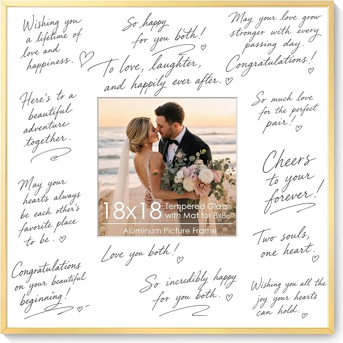 Signature Picture Frame 18x18, Aluminum Signable Frame with Glass, Gol | Elegant Gold Signable Frame with 8x8 for Wedding, Graduation, Birthday & Baby Shower Guest Book| Real Glass & Wall Kit
