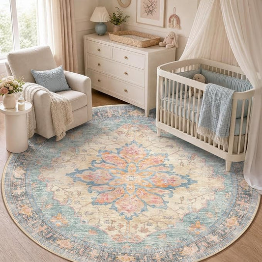 RELEANY Area Rugs Round 5ft Washable Non-Slip, Floral Vintage Distress Medallion Carpet for Living Room Bedroom Dining Room, Blue Orange Red