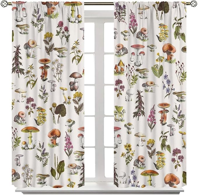 Vintage Botanical Curtains, Rustic Plants Herbs Mushroom Nature Wildflower Print Blackout Window Treatments for Living Room Bedroom Kitchen 55x63in