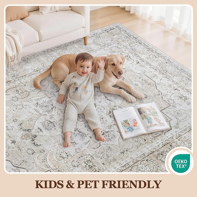 8x10 Area Rugs for Living Room:Beige Washable Vintage Medallion Carpet Non-Slip Soft Low Pile Large Rugs Indoor Retro Rug for Bedroom Nursery Dining Table Office Home(Beige White, 8'x10')