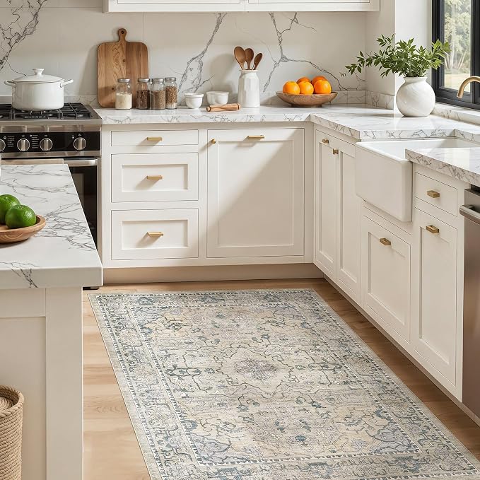 cotiled 4x6 Area Rug Machine Washable Vintage Carpet for Living Room Bedroom Soft Non-Slip Backing Floor Mat Kid & Pet Friendly Stain Resistant Green