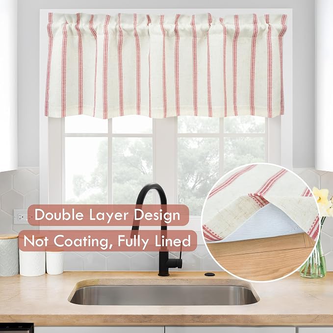 DriftAway Farmhouse Linen Lined Valance Double Layer Thermal Insulated Room Darkening Blackout Window Valances 3 Inch Rod Pocket Vertical Striped Kitchen Valance for Bathroom Single 52 x 18 Inch Red