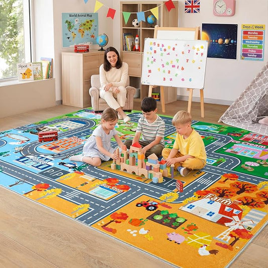 Car Rug Play Mat for Kids Toy Cars, 7' x 9' City Road Town Track Four Seasons Traffic Carpet, Non-Slip Washable Area Rug for Kids Room Bedroom Classroom Play Area, Fun Learning Carpet for Children