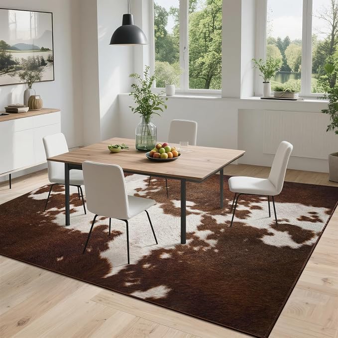 DweIke Cow Print Rugs for Living Room, 4x6 Soft Faux Animal Cowhide Area Rug, Washable Non-Slip Stain Resistant Throw Carpet for Dining Room Office Western Home Decor, Red Brown