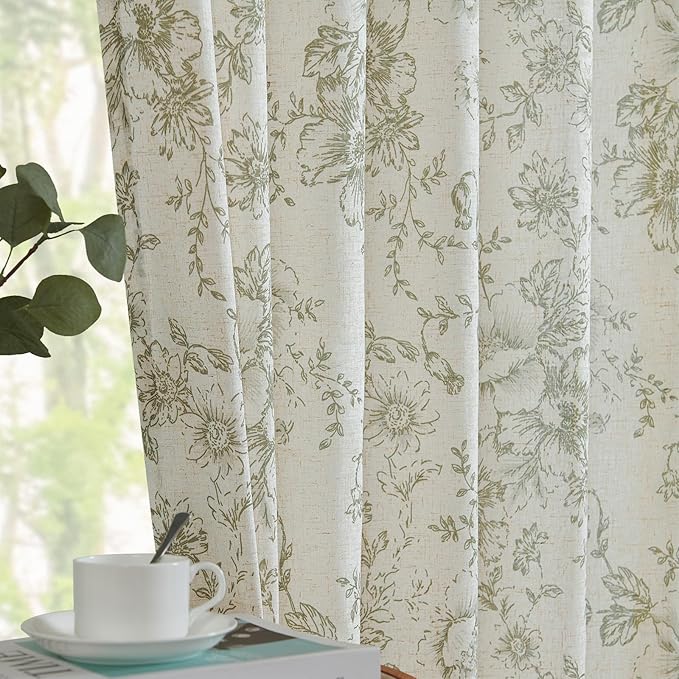 jinchan Linen Blend Floral Curtains for Living Room 96 Inches Extra Long Farmhouse Printed Curtain Back Tab Green Peony Flower Patterned Drapes Bedroom Window Curtains Set 2 Panels
