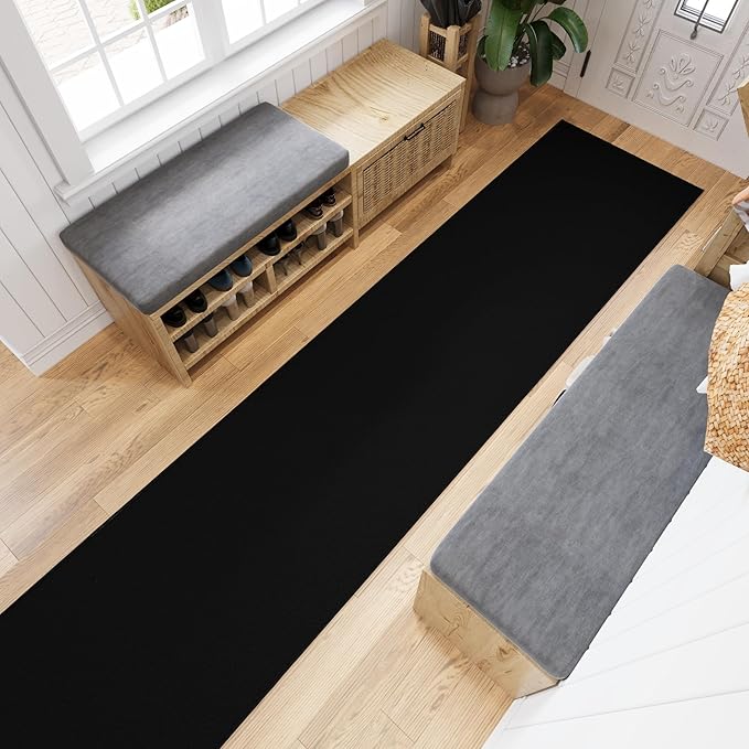 Ottomanson Aisle Runner Rug – Non-Slip Low Pile Carpet Runner for Long Hallways & Corridors, Stain Resistant & Easy to Clean, Solid Black, 2'7" x 30'