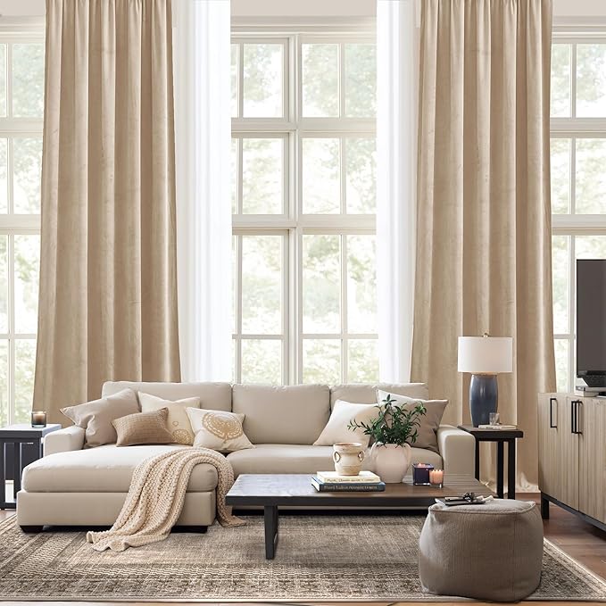 NICETOWN Beige Velvet Curtains 102 inches Long 52 inch Wide 2 Panels, Luxury Thick Window Treatments for Bedroom & Living Room & Playroom - Thermal Insulated Room Darkening Energy Saving Cat Proof