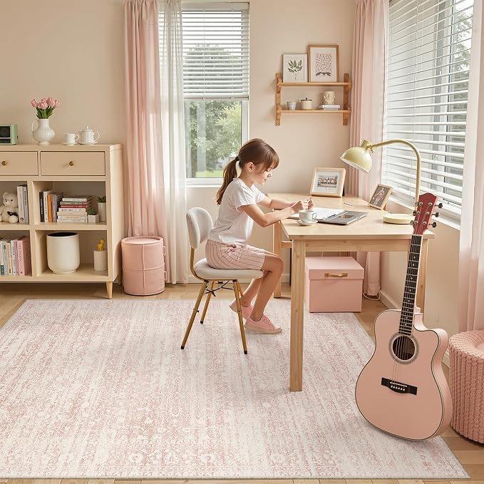 Soalmost Pink 5x7 Area Rugs for Baby Girl Nursery, Washable Soft Rugs | Vintage Floral Non-Slip Low Pile Throw Carpet for Living Room Dining Room Bedroom Kids Playroom 5'x7'