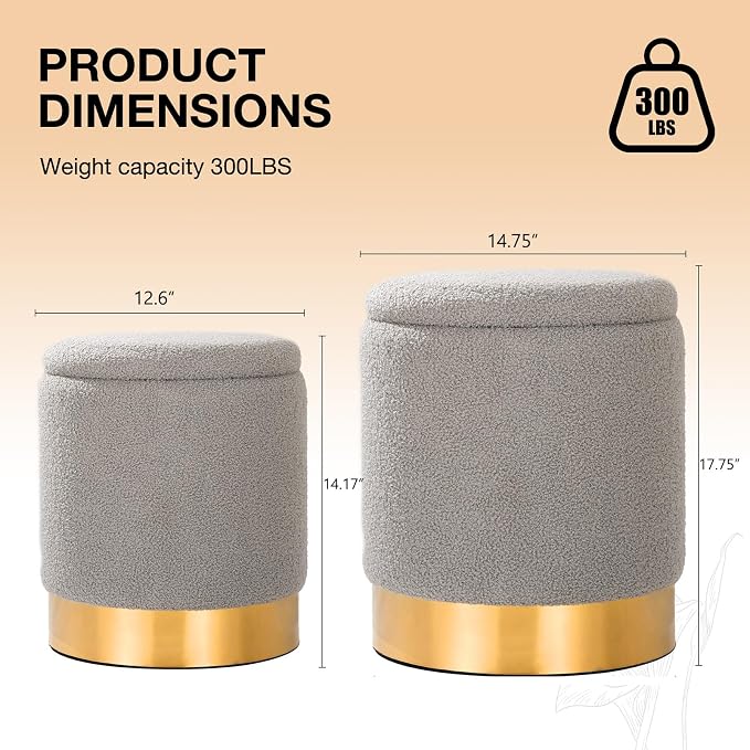 Round Ottoman with Storage Set of 2 Vanity Stool, Footstool with Removable Lid Small Ottoman Stool Small for Living Room, Bedroom, Hallway, Dorm, Assembly Free Teddy Fleece (Sherpa Gray)
