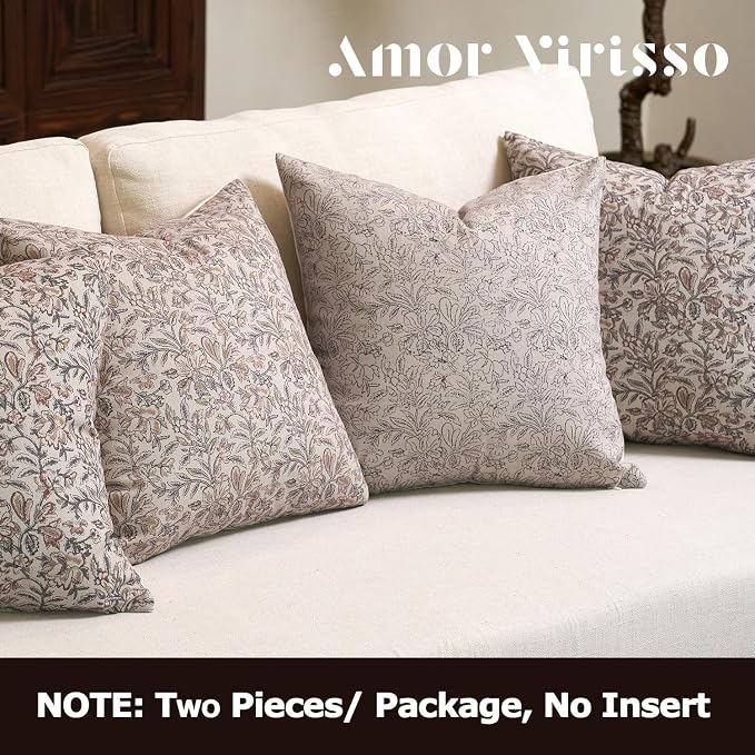 Amor Virisso Floral Throw Pillow Covers 24x24 Set of 2 Vintage Block Print Pillow Covers Decorative Pillow Covers Couch Pillows for Living Room Farmhouse Accent Sofa Pillows, Black/Sand