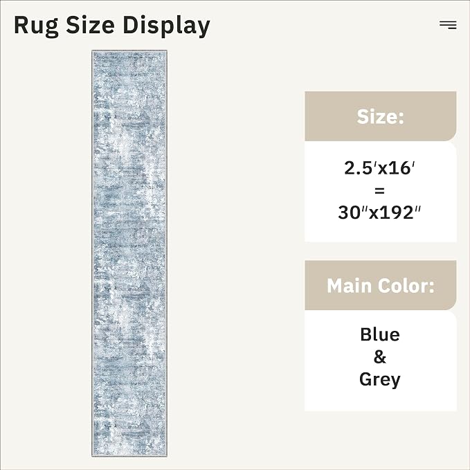 Soalmost Runner Rug 2'6" x 16' Washable Non-Slip 2.5x16 ft Long Runner Rugs for Kitchen Bathroom Laundry Room Vintage Ultra Thin Runners for Hallway Entryway Blue/Grey
