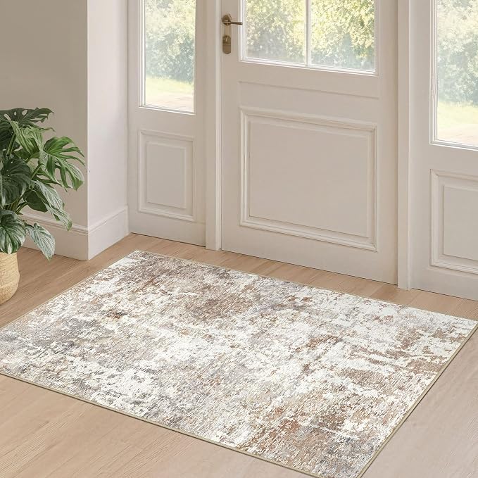 2x4 Rug Washable Runner Rug: Small Abstract Modern Non-Slip Soft Accent Doormat Stain Resistant Floor Throw Mat for Entryway Kitchen Bedroom Nursery Entry Dorm- Brown