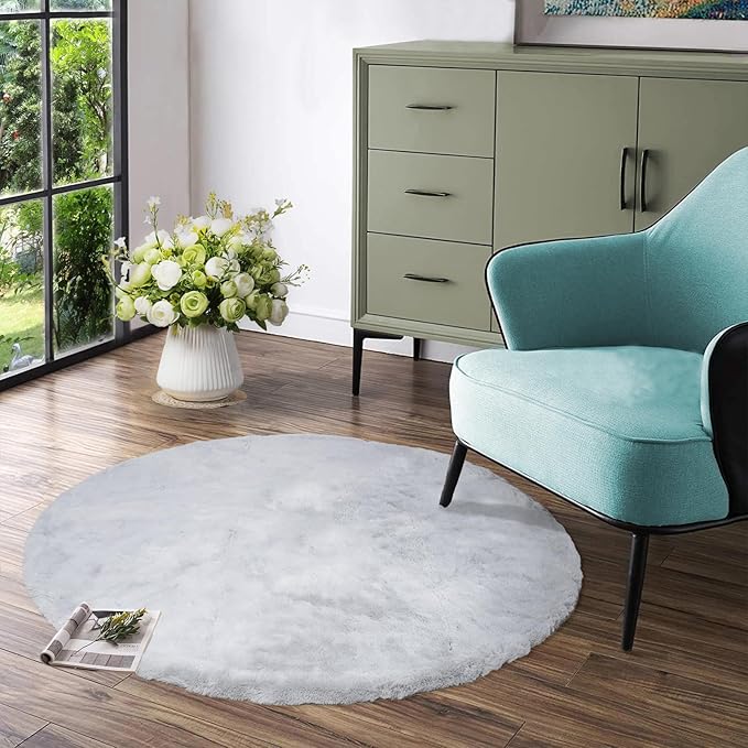 Latepis Round Rugs 4ft Fluffy Washable Rug Circle Furry Grey Rugs for Bedroom Faux Rabbit Fur Shag Rug for Living Room Dorm Nursery Room Decor