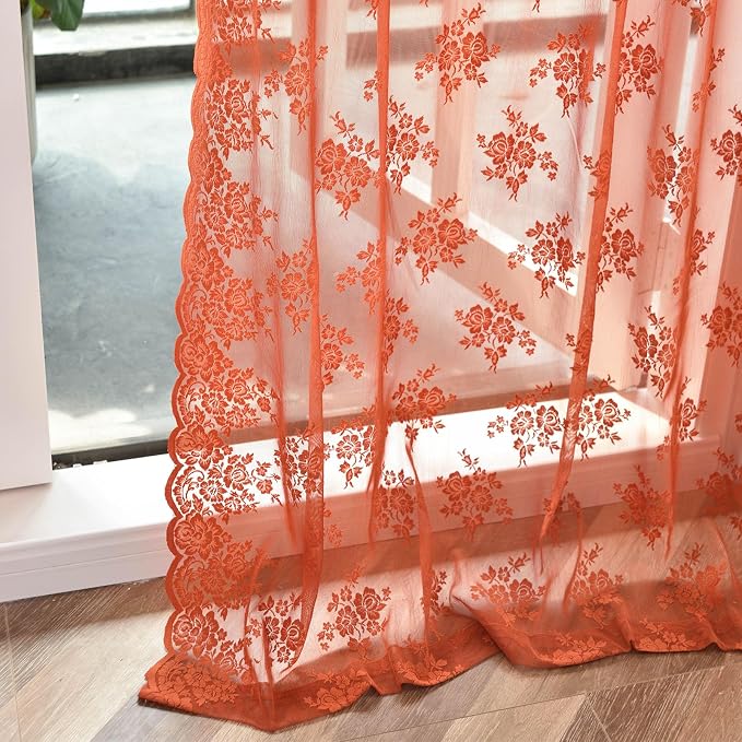 Kotile Orange Sheer Curtains 96 Inches Long, Country Rustic Floral Patterned Fall Lace Curtains for Living Room, Rod Pocket Privacy Lace Sheer Window Curtains, 52 x 96 Inch, 2 Panels, Orange