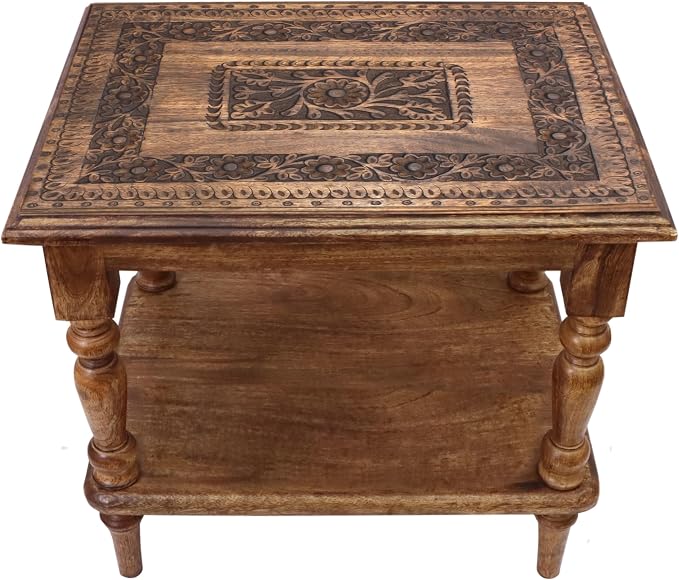 COTTON CRAFT Solid Wood End Table - Hand Carved Vintage Farmhouse Boho Side Table with Bottom Shelf - Small Spaces Entryway Living Room Bedside - No Tools Assembly - 21x16x18 - Brown