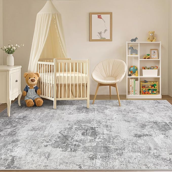 Tortania Washable 8x11 Area Rug for Living Room: Modern Abstract Neutral Large Soft Thin Rugs - Non Slip Indoor Carpet for Bedroom Dining Room Office Nursery Home Floor Decoration - Smoky Gray