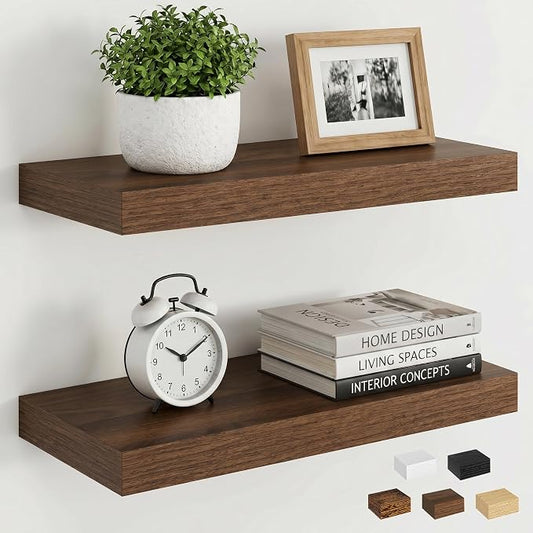 Dreamland Walnut Floating Shelves, Wall Mounted Shelves for Storage and Home Decor, Rustic Wood Shelves for Bathroom, Living Room, Bedroom and Kitchen, 16" x 6.7" Set of 2