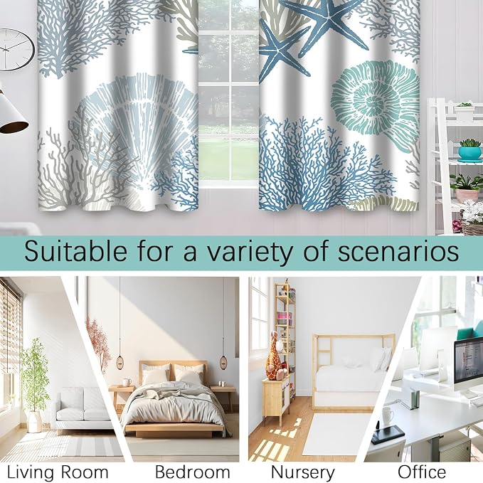 Blue Teal Coastal Window Curtains, Beach Nautical Starfish Coral Window Drapes Blackout Treatment Darkening Thermal Insulated Grommet for Living Room Bedroom Decor 2 Panels 52x84 Inches