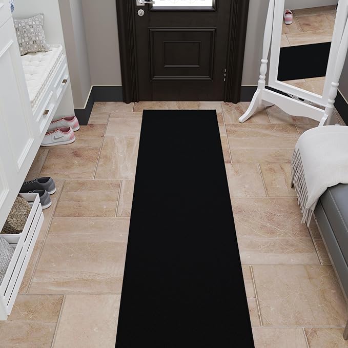 Ottomanson Aisle Runner Rug – Non-Slip Low Pile Carpet Runner for Long Hallways & Corridors, Stain Resistant & Easy to Clean, Solid Black, 1'10.5" x 20'
