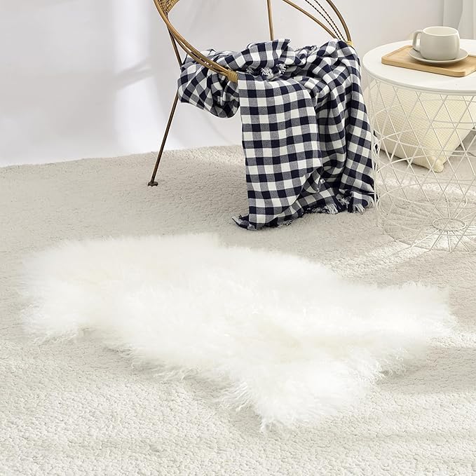 100% Genuine Sheepskin Area Rug Real Lightweight Fluffy Soft Mongolian Long Wool Fur Carpet for Couch Bed Sofa Bedroom Living Room White 2x3ft